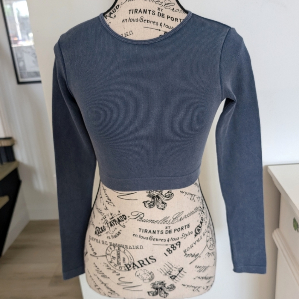 ZARA | Women's Greyish/Blue Wash Effect Ribbed Fitted Crop Top NWOT